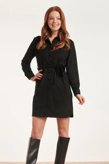 Vestido Camisero Negro Efecto Ante