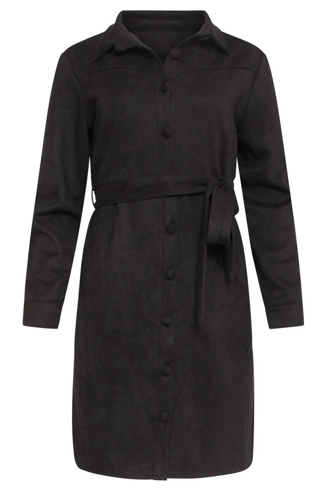 Vestido Camisero Negro Efecto Ante
